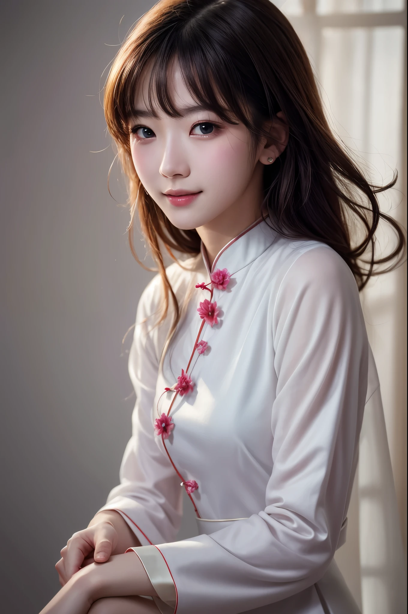 girlvn01, 1girl, smile, aodai white, photo art, flower, a stunning photo with beautiful saturation, ultra high res,(realistic:1.4)),deep shadow,(best quality, masterpiece), pale skin, dimly lit, shade, flustered, blush, highly detailed, skinny, BREAK depth of field, film grain, wrinkled skin, looking at viewer, knee, warm smile, (upper body), masterpiece,ultra realistic,32k,extremely detailed CG unity 8k wallpaper, best quality