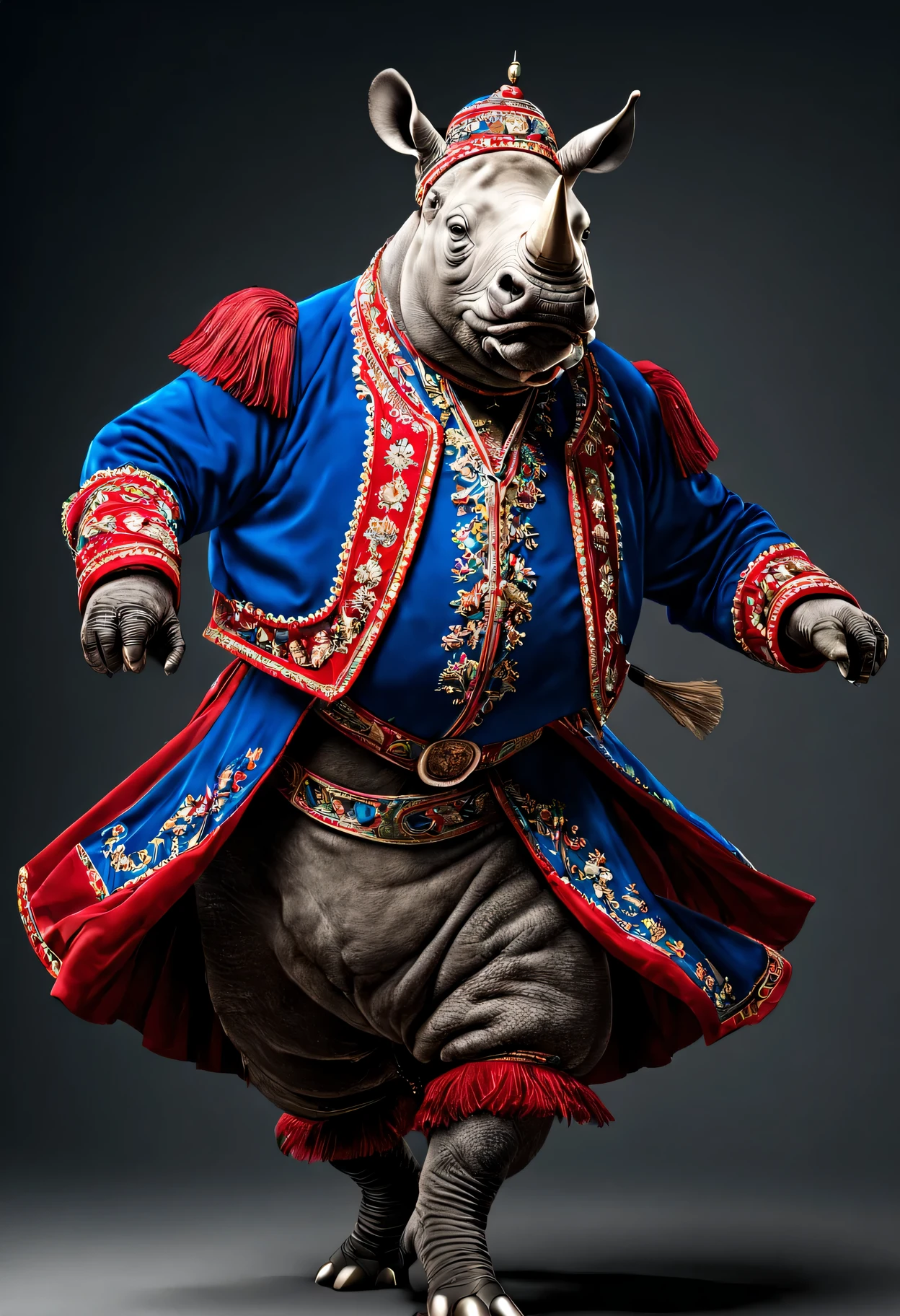 photorealistic portrait of Dressed animals - a fat  rhino cossack dancer,(cossack dancing dynamic action pose),  high quality,(lovely) ,intricate details, highly detailed ((cossack dance costume)) ,highly detailed decorations,, (happy), studio lighting,(full body image:1.5)