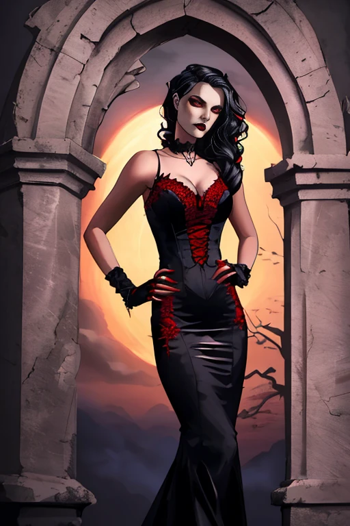Arafed-Frau in einem schwarzen Kleid, die vor einem Steinbogen steht, Beautiful vampire female queen, Eine elegante Gothic-Prinzessin, beautiful female vampire, Ein Gothic-Kleid tragen, beautiful vampire queen, Vampir-Mode, Beautiful elegant demon queen, Beautiful creepy female vampire, Eleganter viktorianischer Vampir, Gothic-Romantik, moderne Gothic-Kleidung tragen, Gothic-Mode, Portrait of a beautiful vampire, Gothic-Kleidung