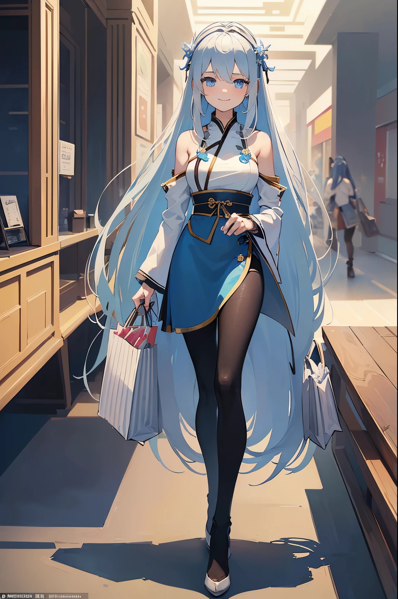 (Masterpiece), (Best Quality), (Super Detailed), (Dirty Hair), (Illustration), (1 Girl) (Long white Hair 1.5) (Blue Eyes) (blue inner hair), ((((No Shoulders))),Hanfu, (Looking at the Audience, (Interview), ( Background), Beautiful and Delicate Eyes, Delicate Beautiful Face, Soaring (High Saturation), Accent on Face, PerfectNwsjMajic, Shoulderless, fall clothes, facing the masses, perfect figure, happy, warm smile, full body, tights, shopping, mall,