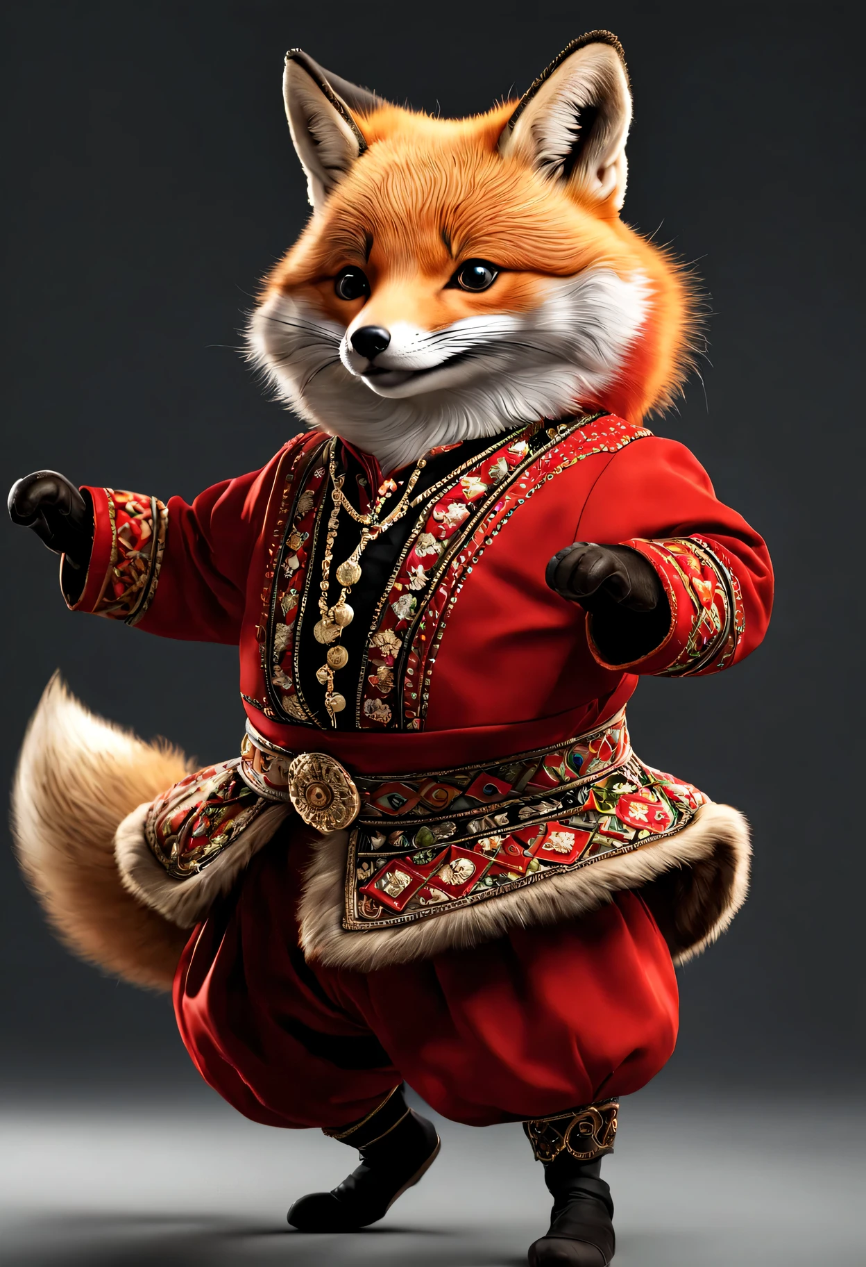 photorealistic portrait of Dressed animals - a fat baby red fox cossack dancer,(cossack dancing dynamic action pose),  high quality,(lovely) ,intricate details, highly detailed ((cossack dance costume)) ,highly detailed decorations,, (happy), studio lighting,(full body image:1.5)
