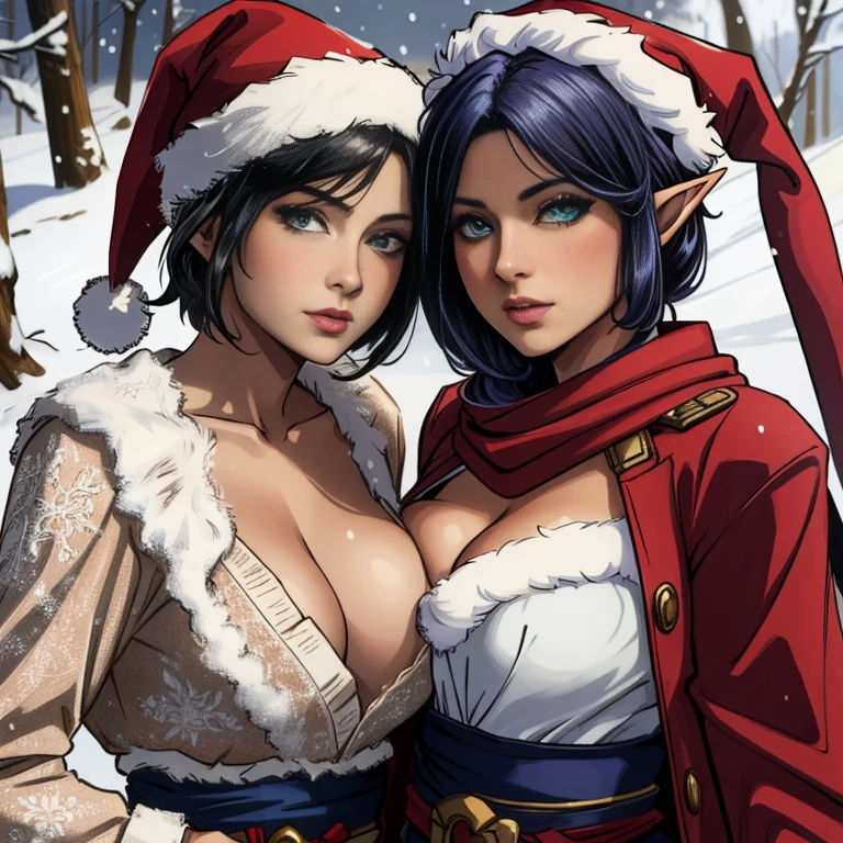 Zwei women in Santa hats posing for a picture in the snow, Alena Aenami und Lilia Alvarado, 4K post, 4 Tsd. post, Mia-Kalif, Elfen, 4K, 4 Tsd., Zwei, Santa, Sakimichan und Frank Franzzeta, Ayami Kojima und Lyde Caldwell, V aus Devil May Cry as an Elf