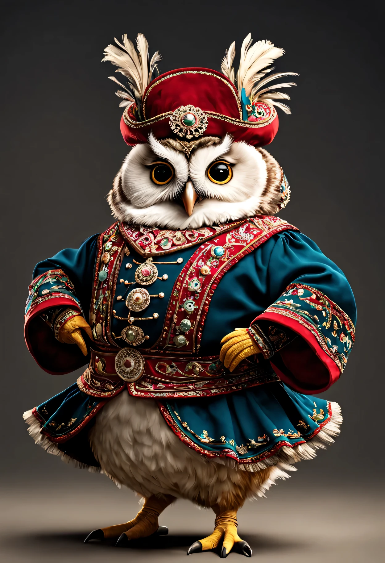 photorealistic portrait of Dressed animals - a fat owl cossack dancer,(cossack dancing dynamic action pose), high quality,(lovely) ,intricate details, highly detailed ((cossack dance costume)) ,highly detailed decorations,, (happy), studio lighting,(full body image:1.5)
