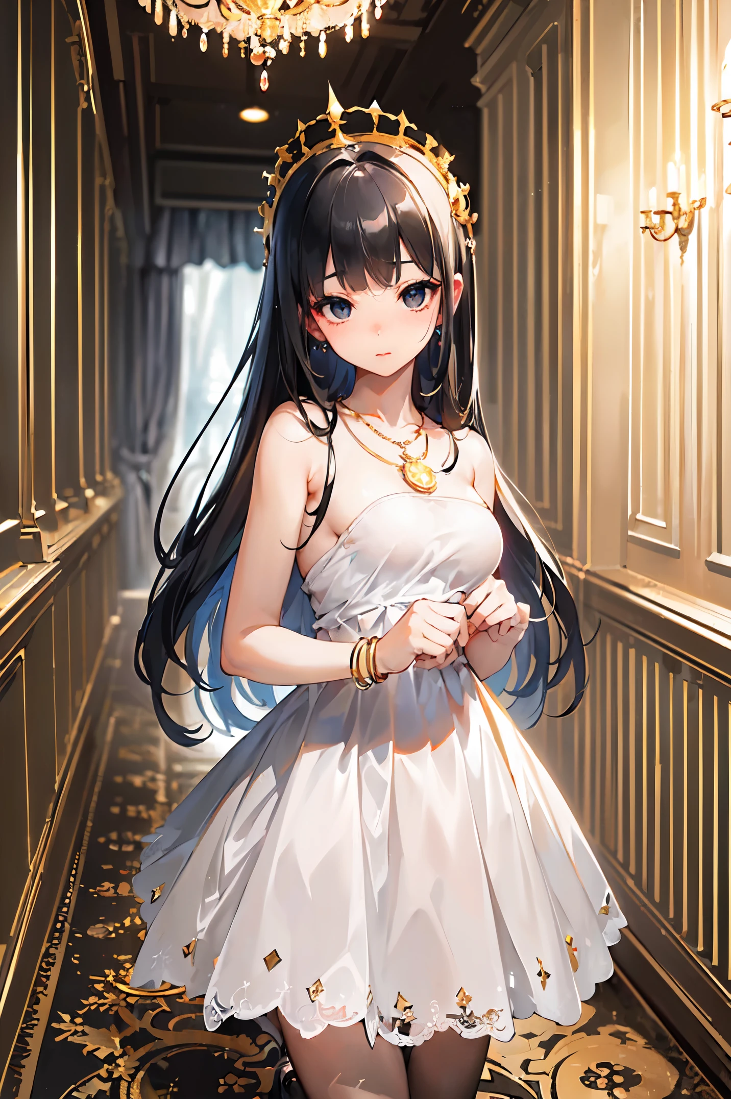 ((flat chest:1.6)),((cowboy shot)),((Gorgeous dress based on white:1.5,A luxurious dress decorated with golden dragon scales:1.3,beautifully detailed gemstones,Gorgeous necklace with lots of jewels:1.3,luxury gold bracelet:1.3)),BREAK((Luxury Hotel Hall:1.5,Huge chandelier:1.5,Luxurious interior)),BREAK((masterpiece:1.5,top-quality:1.5,hight resolution:1.5)),BREAK(Highly detailed game CG,Cinema Angle,Cinematic Light,soft clean focus,Realistic lighting and shading),BREAK((beautiful boob)),BREAK((Straight hair,Long hair,beautiful detailed hair,Shiny hair,gross hair,Beautiful black hair:1.3)),BREAK(Head tilt:1.4),(beautifull detailed face:1.4),(looking at view:1.3),((Kamimei:1.3,embarassed expression,nose blush:1.3)),BREAK(Black eyes:1.5),(Reflection Eyes:1.2),(Beautiful fine eyes:1.5),(Eye Highlights:1.5),(Beautiful eyes:1.4),(Ultra detailed eyes:1.4),(beautiful detailed eyelash:1.1),BREAK(red-lips:1.3,Gloss on lips:1.3),One lady:1.5