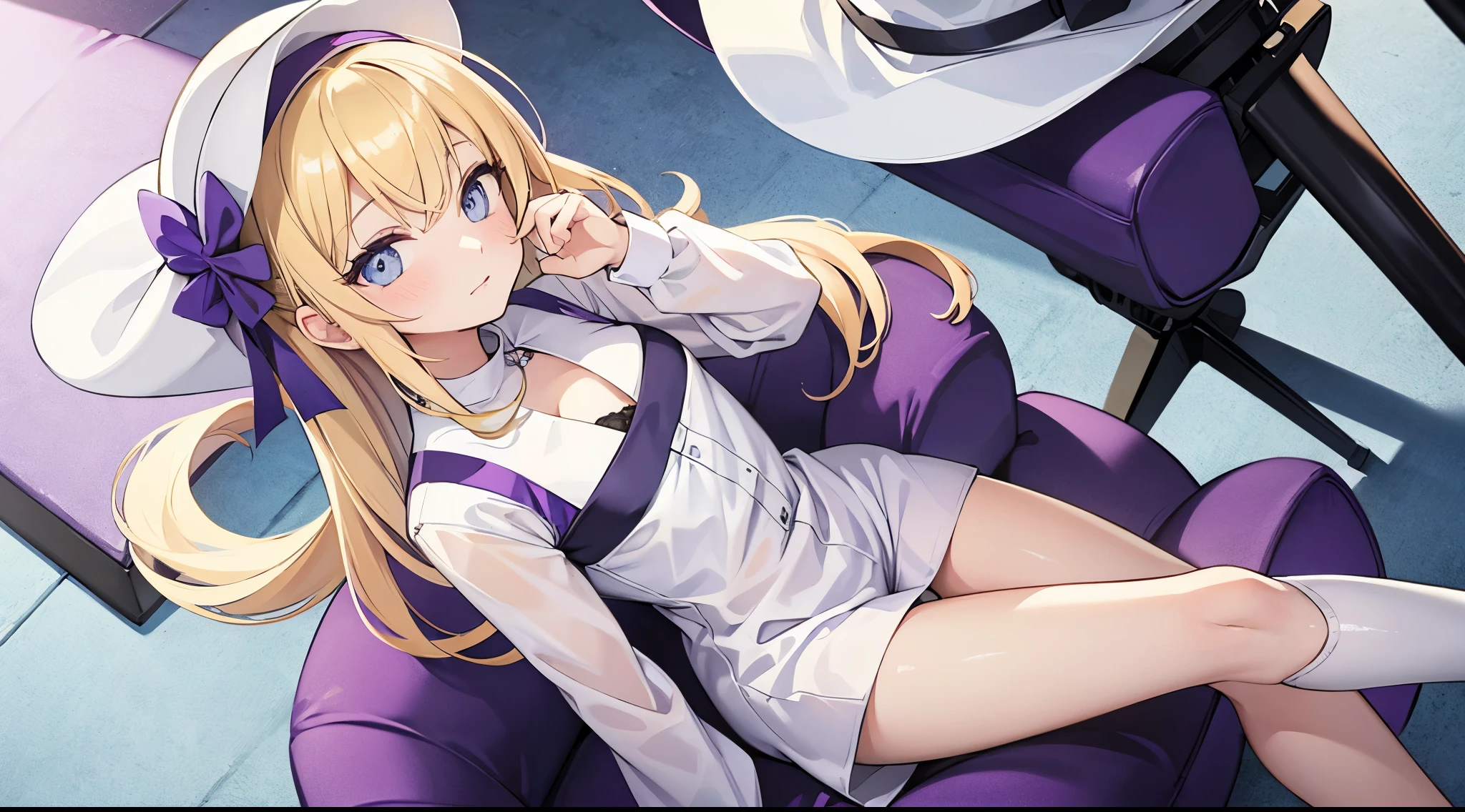 Woman, white and purple hat, white and purple shirt, blonde hair, blue eyes, sitting down, looking at viewer