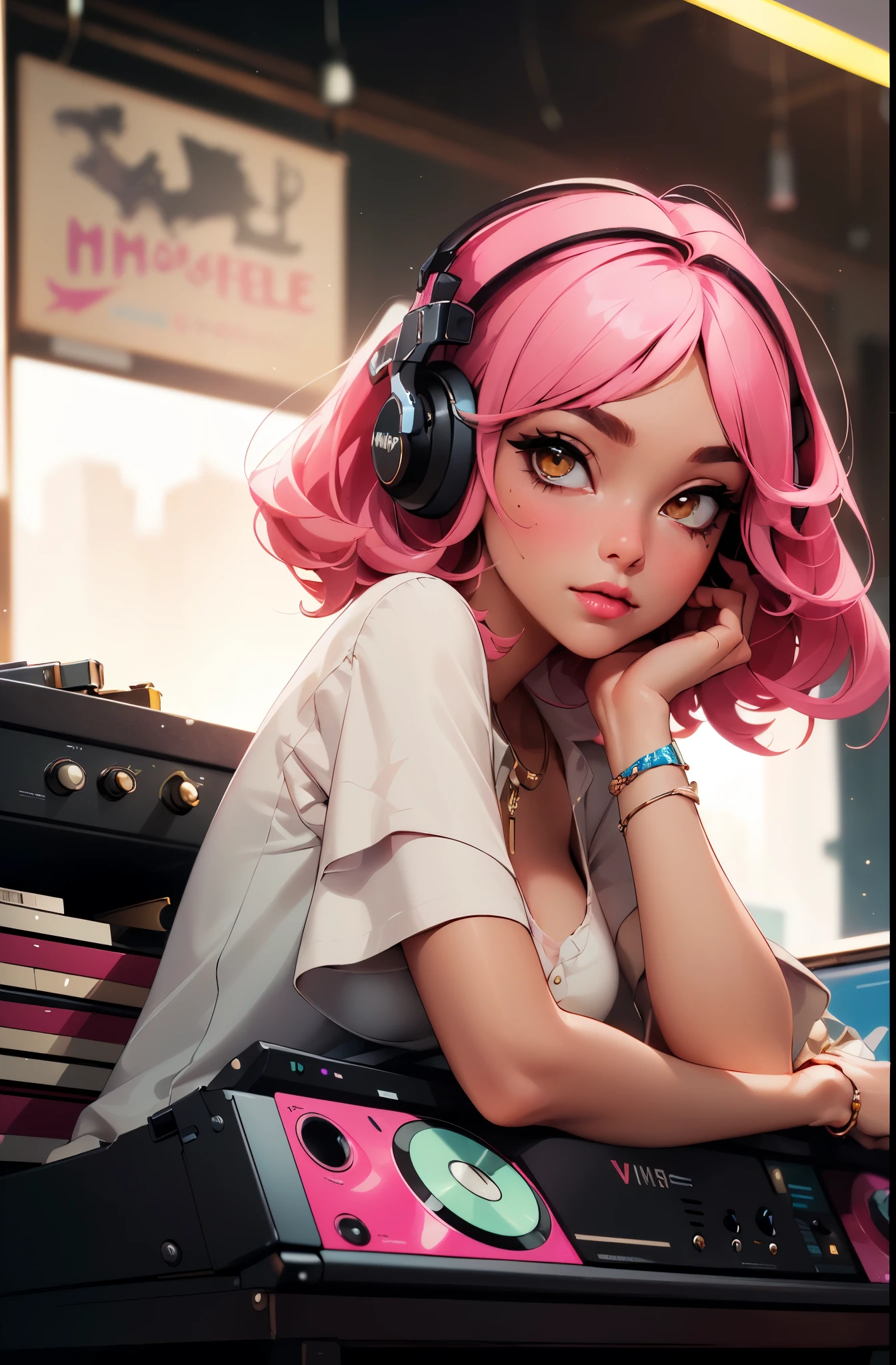 (masterpiece, best quality:1.2), ultra-detailed, soft light, natural lighting, cinematic light, film grain, (depth of field), (1woman, solo:1.5), mature woman, perfect female form, (perfect face, detailed face, glossy lips, eyeliner), short hair, pink hair, (mixtape:1.3), (music store, discs, vinil, radio, amplifiers, speakers),