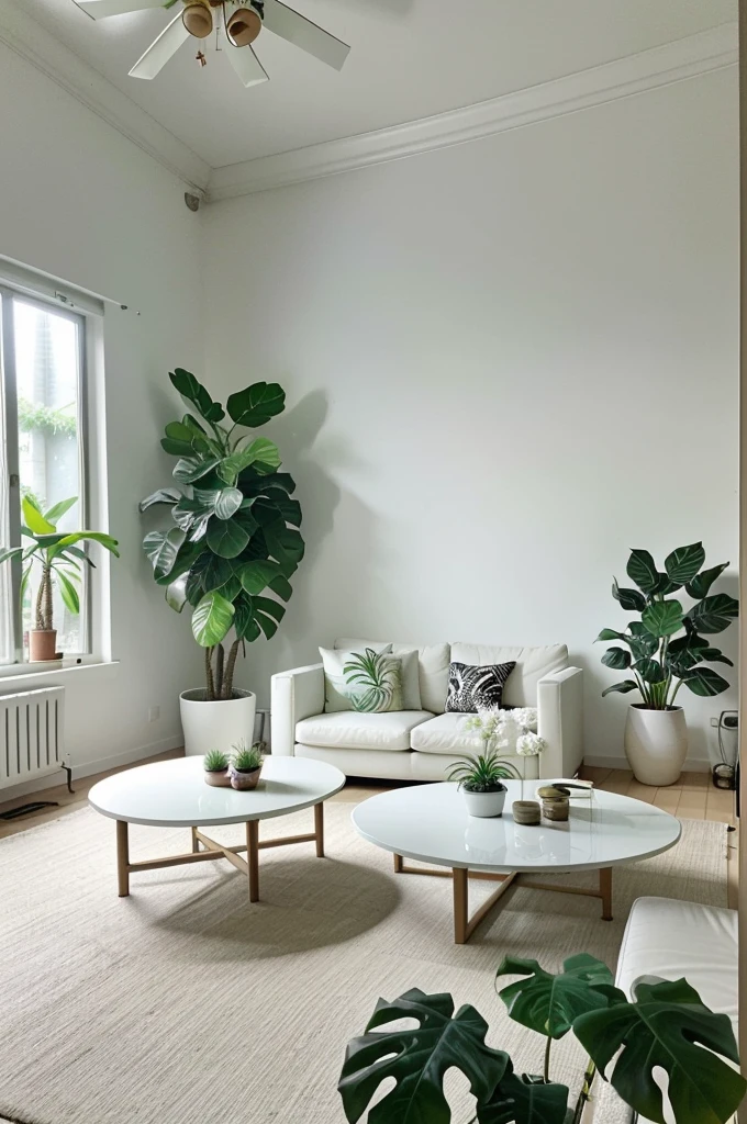 In the large bright living room,carding、Coffee table minimalist style,In the middle is a large pot of white monstera、Ficus chinensis、Tropical plants