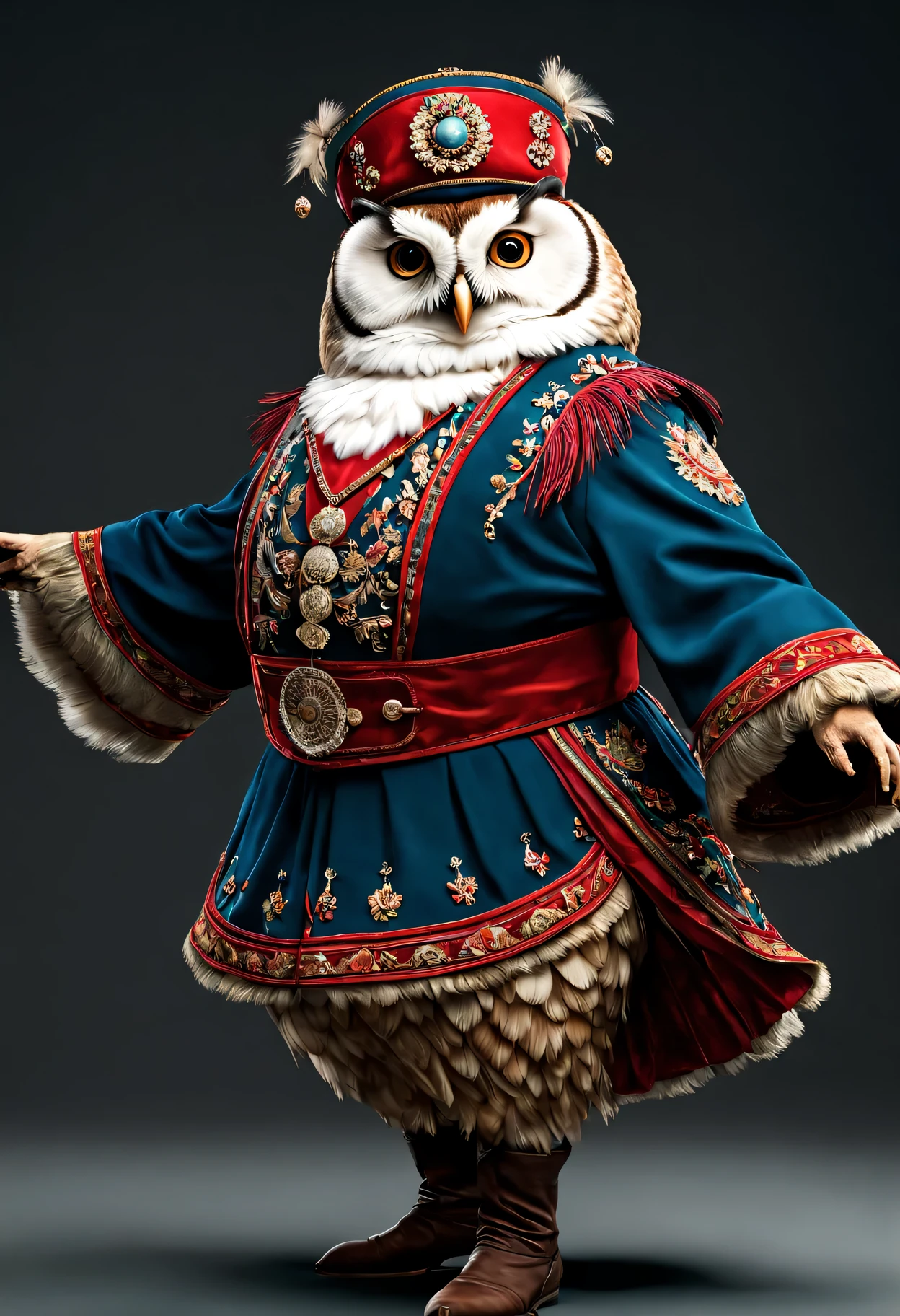 photorealistic portrait of Dressed animals - a fat owl cossack dancer,(cossack dancing dynamic action pose), high quality,(lovely) ,intricate details, highly detailed ((cossack dance costume)) ,highly detailed decorations,, (happy), studio lighting,(full body image:1.5)