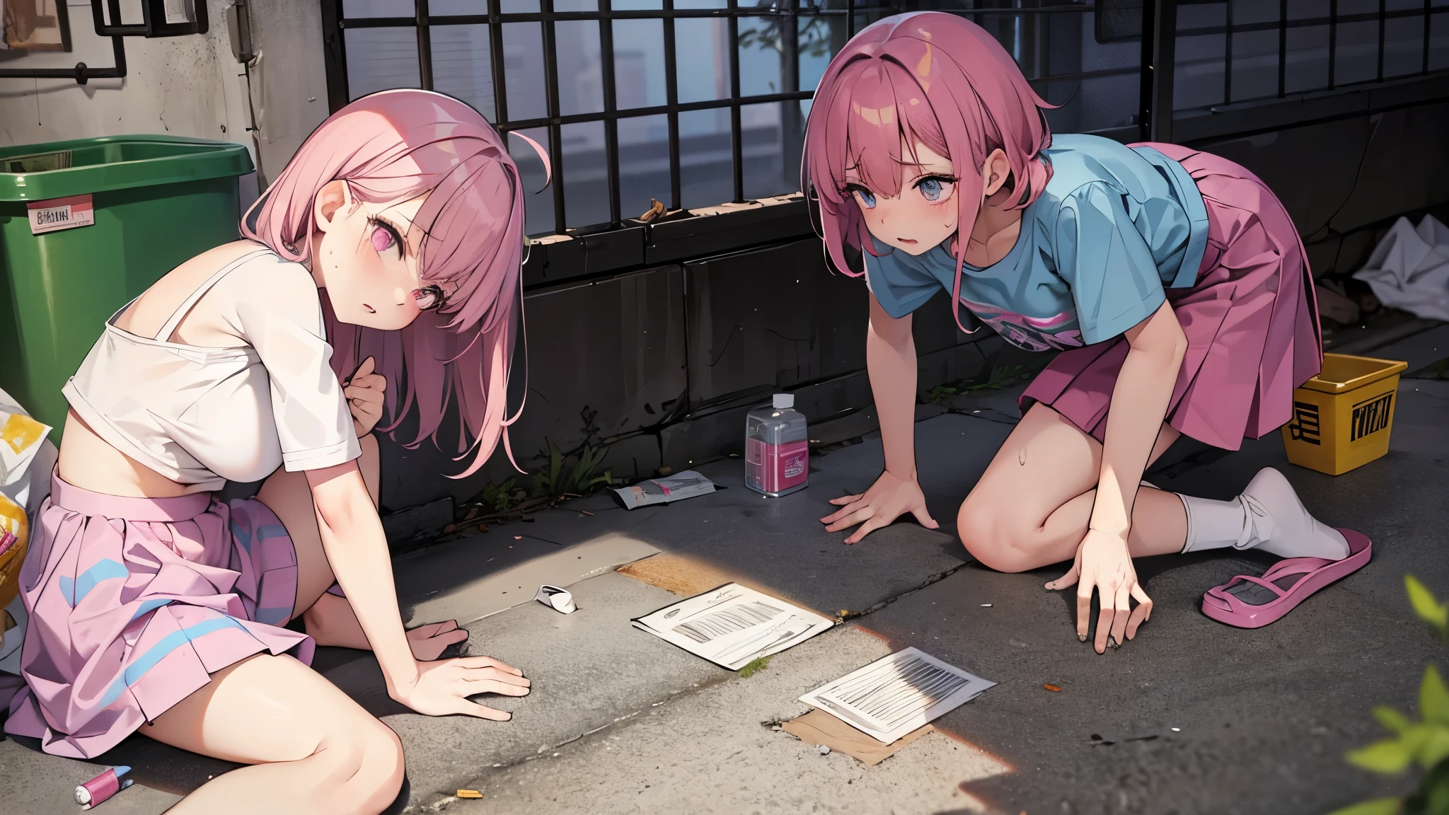 Girl, Pink hair, pink eyes, green shirt, blue skirt with white trim, taking a lot of drugs, Doing drugs, looking super stressed out, looking like a junky, very dirty, homeless, needles everywhere, dirty trash bags, piss on the floor, poop on the floor
