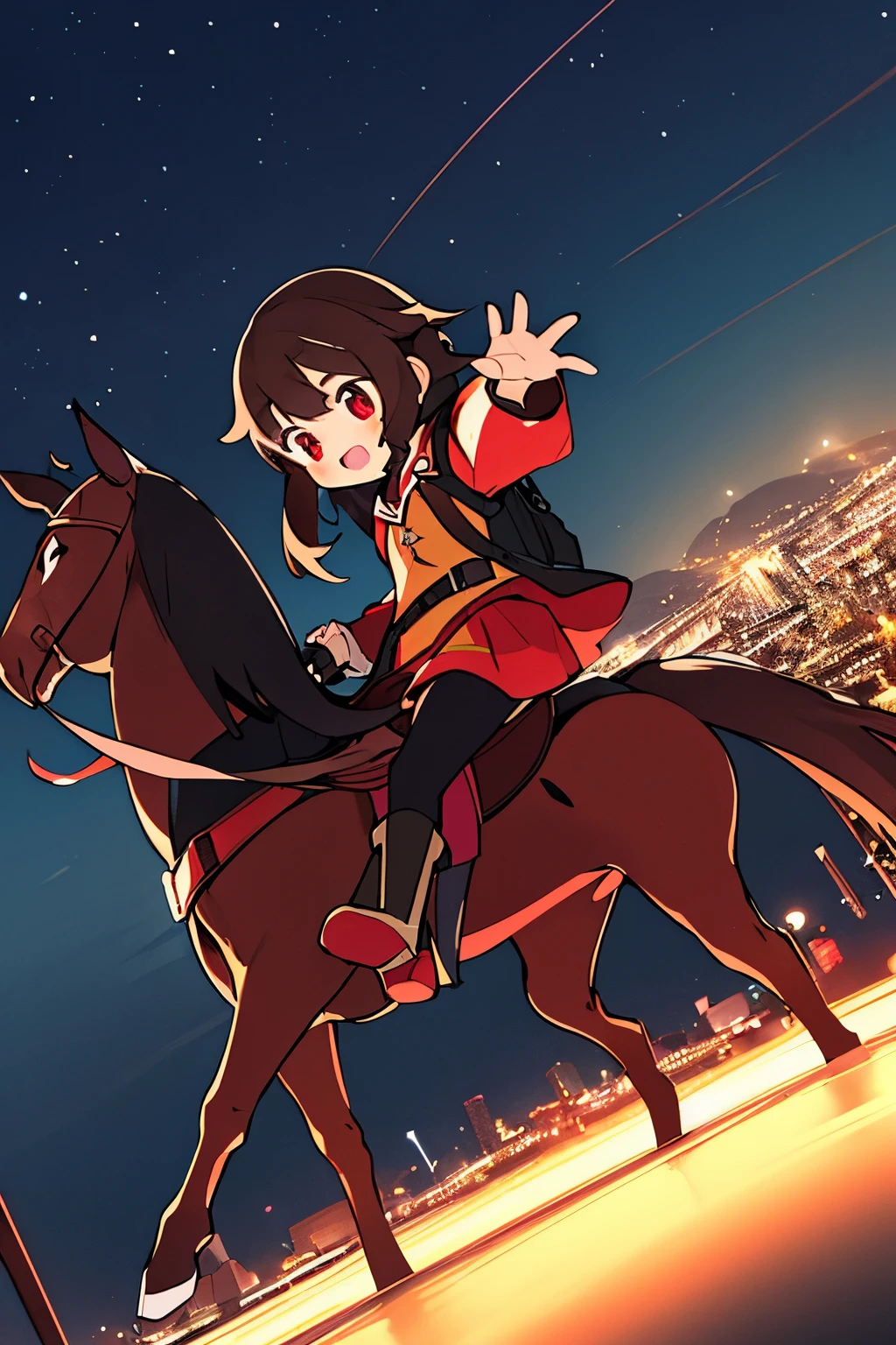 obra-prima, melhor qualidade, 1girl (Megumin), solo, jaqueta, hand in pocket, uniforme escolar, serafuku, coxas, mochila escolar, cabelo castanho, cabelo curto,, red eyes, cyberpunk, rua, machines, motor vehicle, motocicleta, panorama, capacete, linha de velocidade, blur movement, profundidade de campo, perspectiva, panorama, horseback riding, cabelo flutuante, noite, neon trim