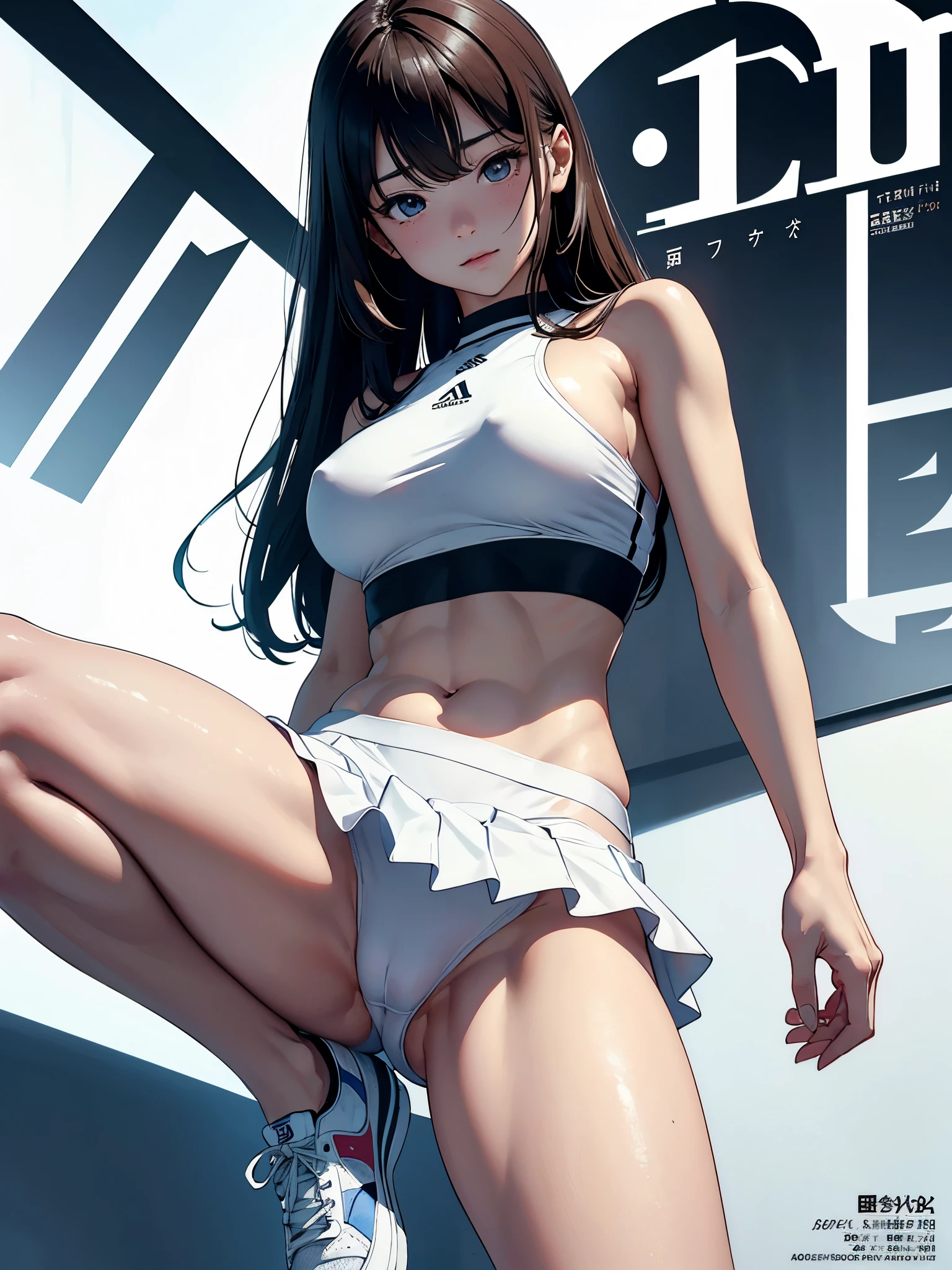(Superflat, Flat Shading, flat-colors:1.1)、(Magazine Cover)、Illustrations、(One Asian boyish girl)、(cute little:1.2)、very beautiful 20 year old cartoon girl、Great smile、cheeks are reddened、(High Detail Skin: 1.2)、photorealistic anime girl render、realistic anime 3 d style、cute littleボブカット、Twin-tailed、beautiful brown hair、Intense black eyes、Strong highlights of the eyes、((Naked and oiled、accurate big breasts、sport underwear))Perfect Anatomy、hair messy、Pretty underwear、((Tight white tennis uniform with navel、Supple and thin fabric))、((White miniskirt with flared hem))、Sportswear、sneakers、(support)、stadio、Volumetric lighting、Soft light、Vibrant colors、watercolor paiting、