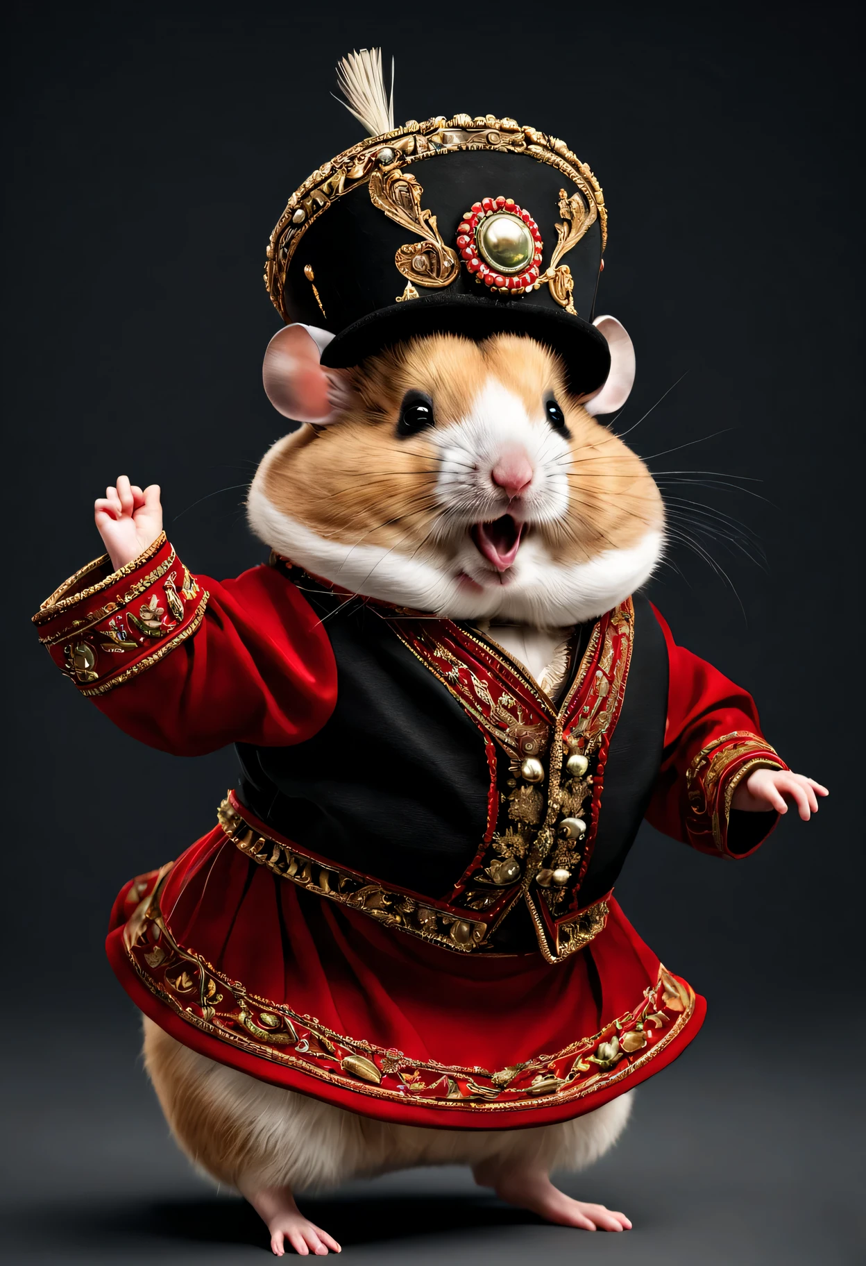 photorealistic portrait of Dressed animals - a fat hamster cossack dancer,(cossack dancing dynamic action pose), high quality,(lovely) ,intricate details, highly detailed ((cossack dance costume)) ,highly detailed decorations,, (happy), studio lighting,(full body image:1.5)