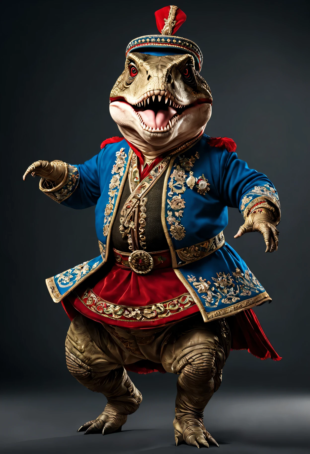 photorealistic portrait of Dressed animals - a fat   t-rex cossack dancer,(cossack dancing dynamic action pose),  high quality,(lovely) ,intricate details, highly detailed ((cossack dance costume)) ,highly detailed decorations,, (happy), studio lighting,(full body image:1.5)