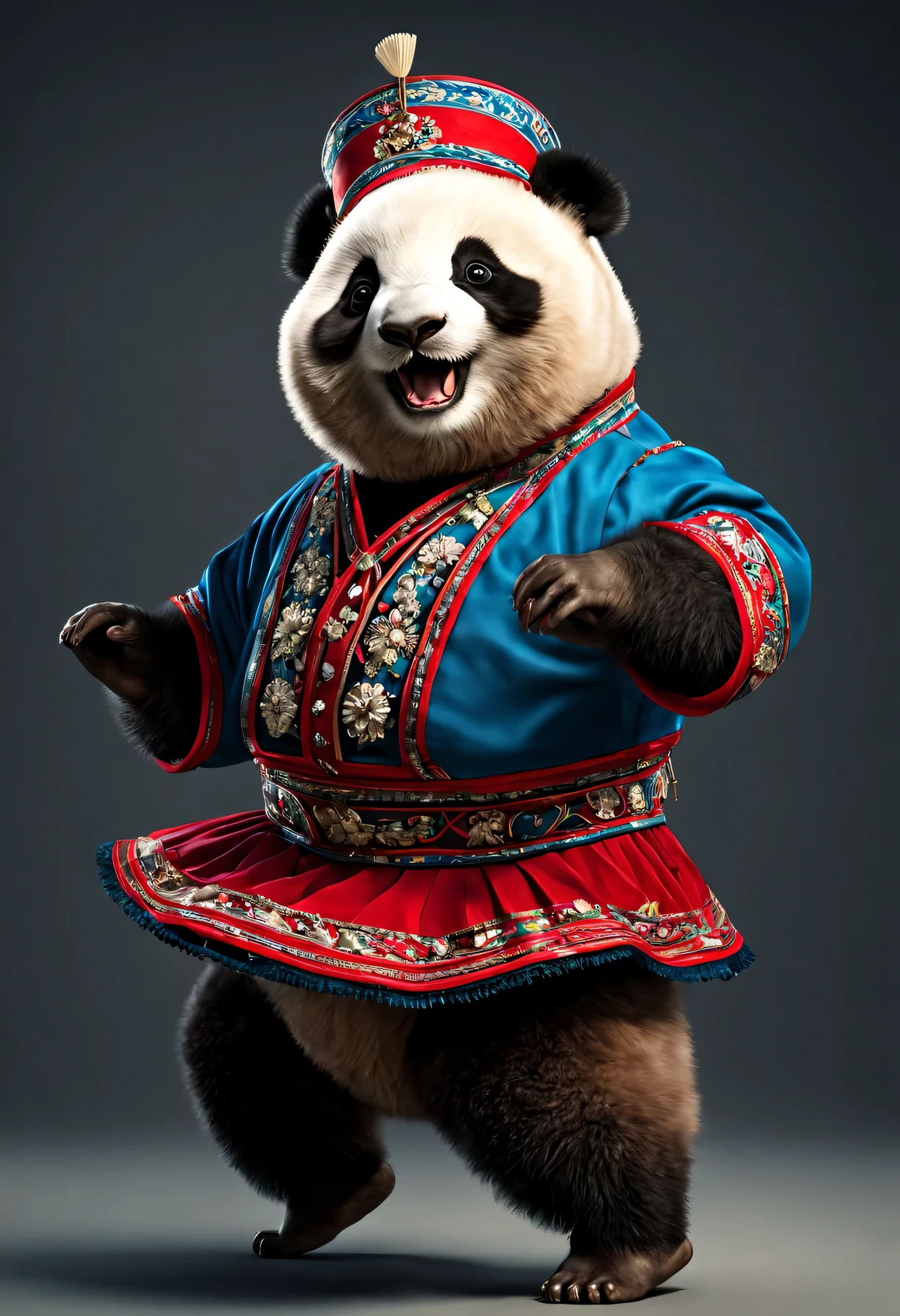 photorealistic portrait of Dressed animals - a fat panda cossack dancer,(cossack dancing dynamic action pose), high quality,(lovely) ,intricate details, highly detailed ((cossack dance costume)) ,highly detailed decorations,, (happy), studio lighting,(full body image:1.5)