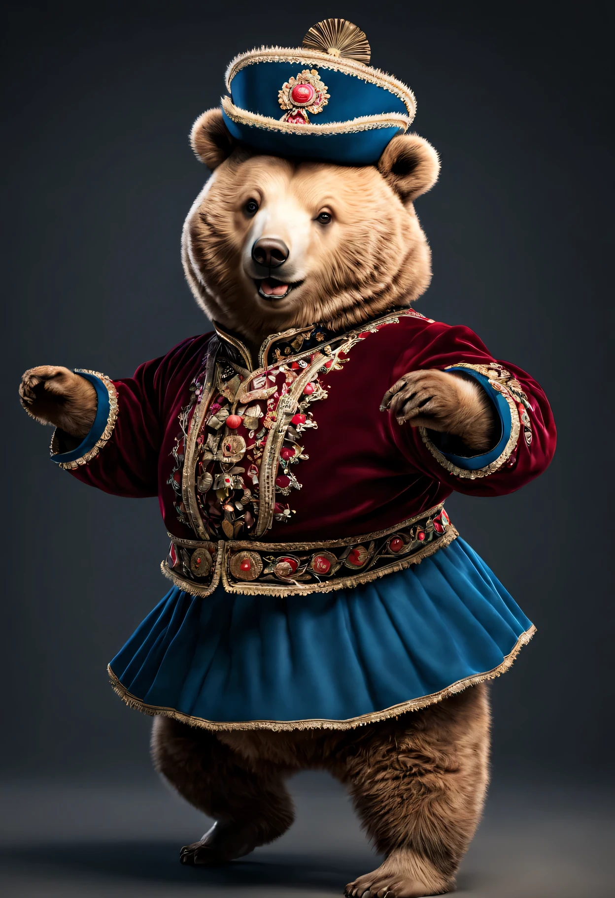 photorealistic portrait of Dressed animals - a fat   bear cossack dancer,(cossack dancing dynamic action pose),  high quality,(lovely) ,intricate details, highly detailed ((cossack dance costume)) ,highly detailed decorations,, (happy), studio lighting,(full body image:1.5)