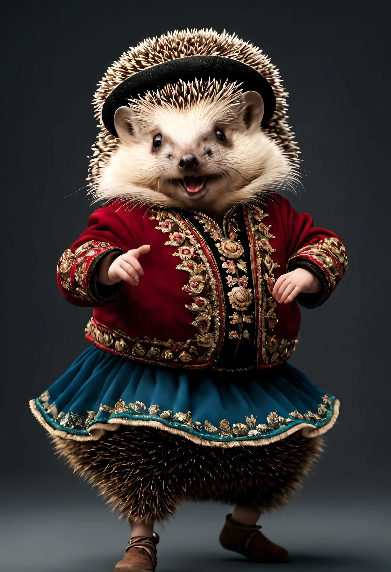 photorealistic portrait of Dressed animals - a fat  baby hedgehog cossack dancer,(cossack dancing dynamic action pose),  high quality,(lovely) ,intricate details, highly detailed ((cossack dance costume)) ,highly detailed decorations,, (happy), studio lighting,(full body image:1.5)