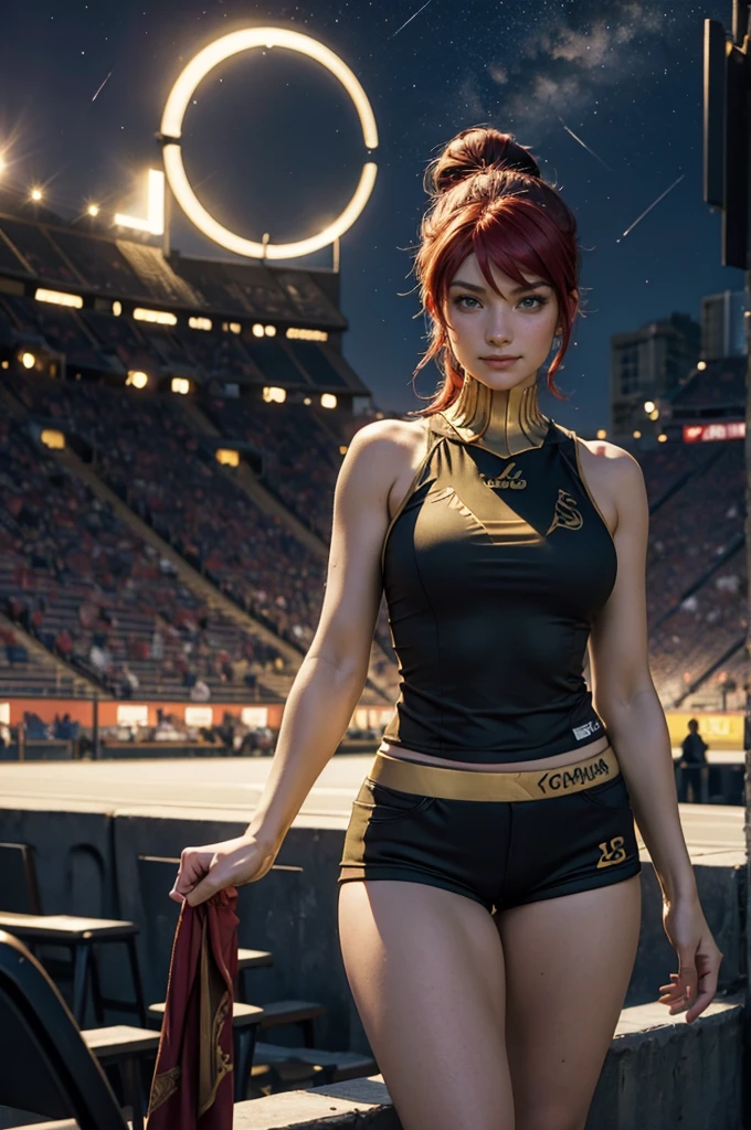 masterpiece, best quality, pyrrha nikos, ponytail, circlet, T-shirt, large breasts, yoga_shorts, shorts, looking at viewer, furrowed brow, smile, night, night sky, stars, standing in stadium, crowd