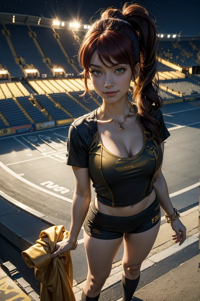 masterpiece, best quality, pyrrha nikos, ponytail, circlet, T-shirt, large breasts, yoga_shorts, shorts, looking at viewer, furrowed brow, smile, night, night sky, stars, standing in stadium, crowd