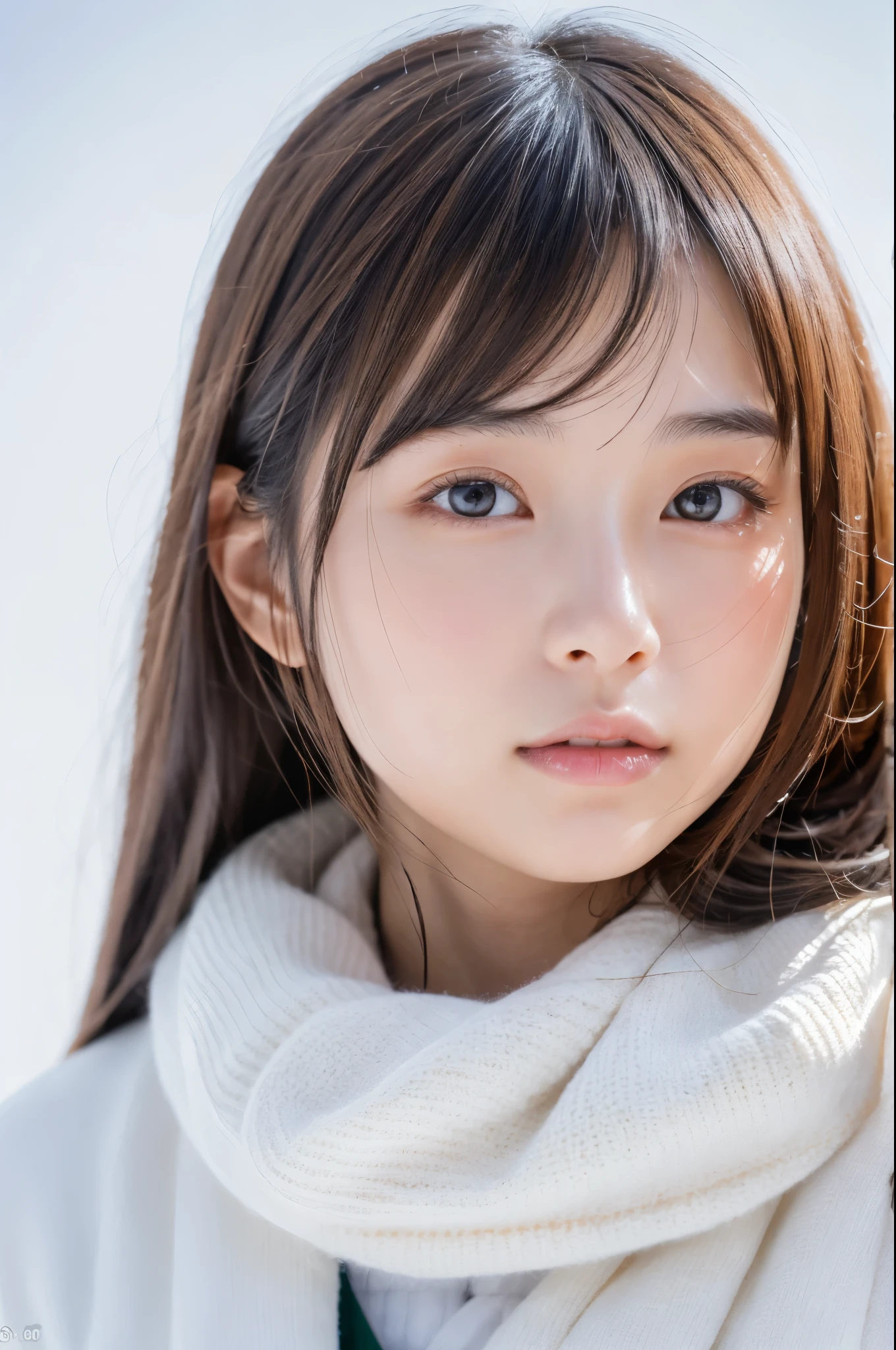 Young japanese lady, 30s, White background, It features a simple背景, white-brown hair, slender, 4K, in 8K, High quality, Beauty, Beautiful eyes, It features a simple, High resolution,1 person,Beautiful skins,Beautiful skin,Winters服を着た,Winters