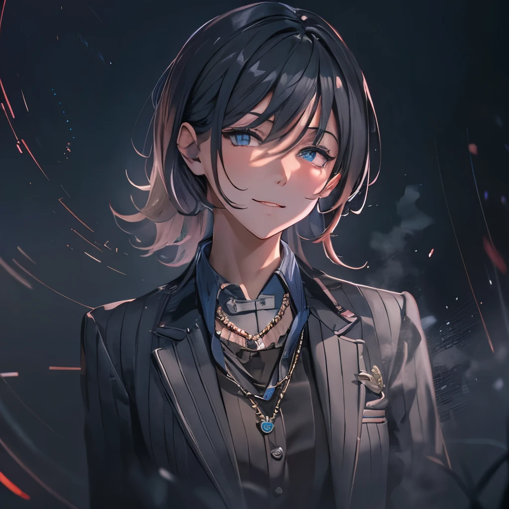 (masterpiece), 8k cg, stunningly beautiful girl, intricate details, chromatic aberration, ((bust shot)), ((looking at viewer)), 1girl, (HiodoshiAo, parted bangs, formal, striped jacket, collared shirt, necklace, belt, black pants), extremely beautiful and delicate portrait, smile, blush, makeup, absurdres, cinematic lighting, dynamic lighting, fantasy, ((dark background, fog))