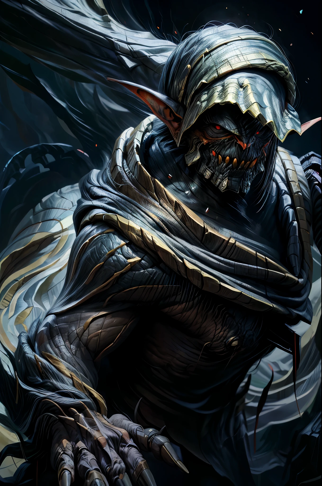 Oil painting of a huge goblin wearing a metal helmet and leather robe emerging from the shadows of a long cave Swiry arms and clawed hands Chiaroscuro Black Eyes Deep Cave Background Ominous