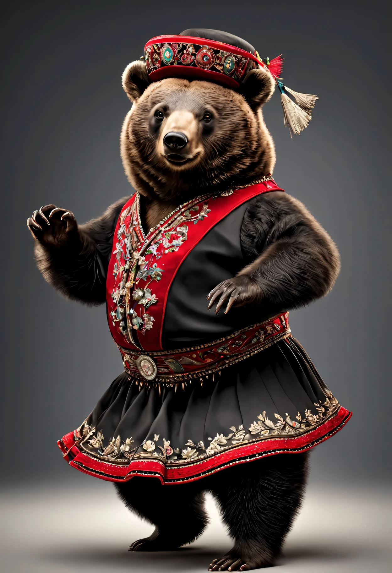 photorealistic portrait of Dressed animals - a fat  baby Asiatic black  bear cossack dancer,(cossack dancing dynamic action pose),  high quality,(lovely) ,intricate details, highly detailed ((cossack dance costume)) ,highly detailed decorations,, (happy), studio lighting,(full body image:1.5)