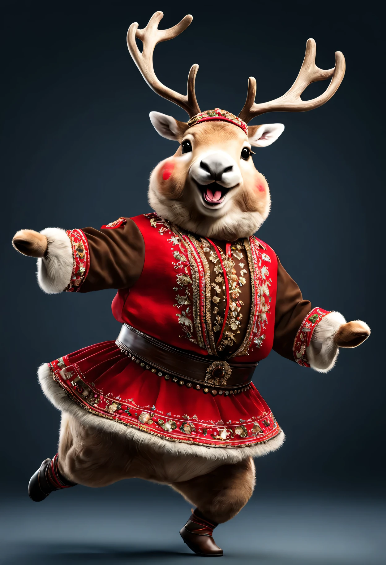 photorealistic portrait of Dressed animals - a fat baby reindeer cossack dancer,(cossack dancing dynamic action pose), high quality,(lovely) ,intricate details, highly detailed ((cossack dance costume)) ,highly detailed decorations,, (happy), studio lighting,(full body image:1.5)