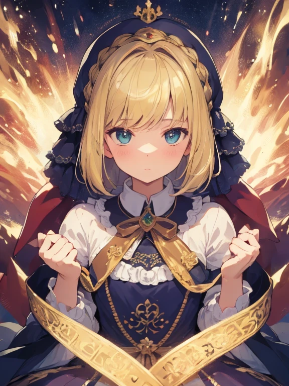 top-quality、masterpiece、The upper part of the body、 (Gamine:1.6)Ukrainian girls、(The best smile:0.4)、 braided blond hair、 emerald eyes、 Medieval dresses、neckline、 corsets、Ghibli's Worldview、central、Blur the background、独奏、flat chest , Flat、Cute gesture、Bruising acting、Infant body type、toddlers