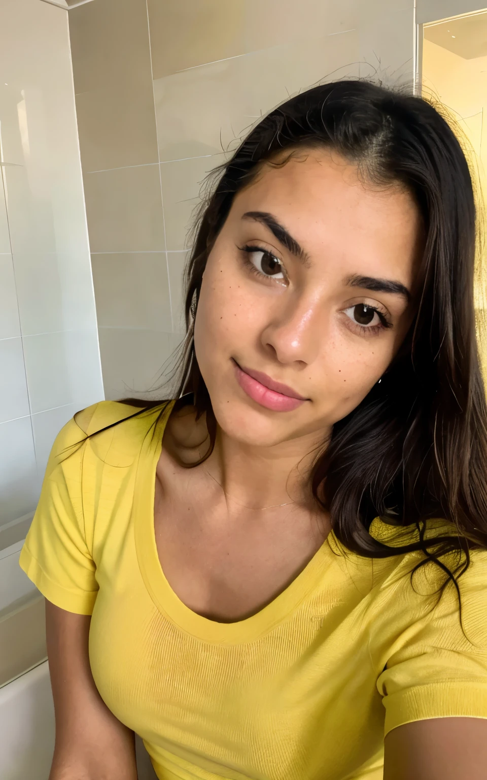 photorealistic, sharp focus, raw photo, photo in bathroom , beautiful 20 y.o latina-spanish girl, selfie, yellow tshirt, looking at camera skin poreace texture, pores, (goosebumbs:0.7), seducing pose, face focus, taken with iphone 14 camera, showing messy hair