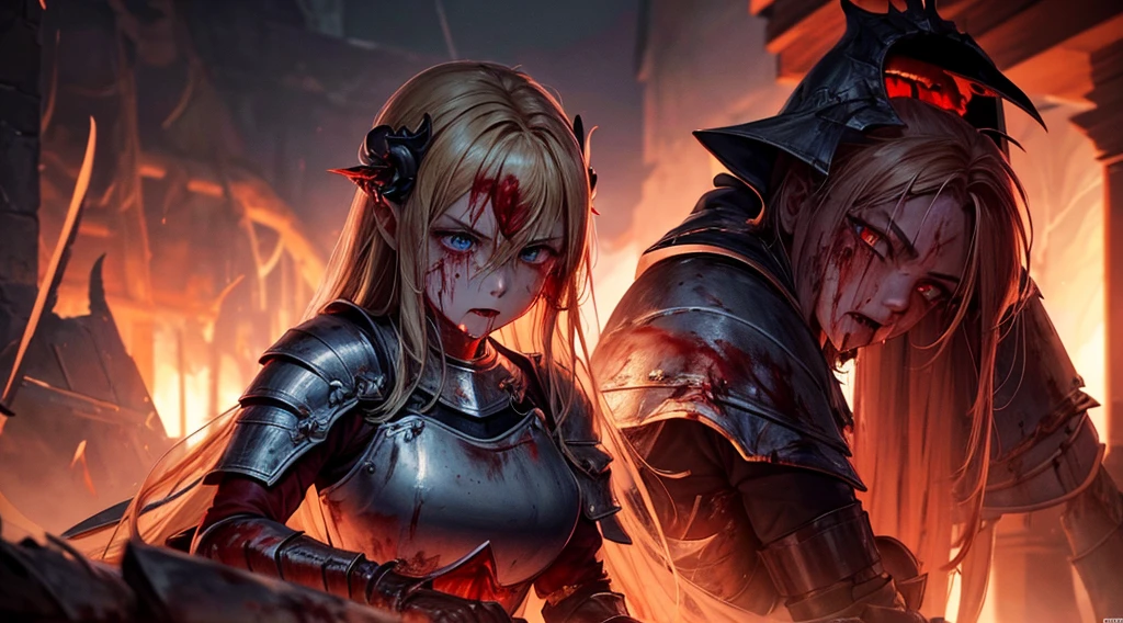 masterpiece,best quality,ultra detailed,1Female Knight,upper body shot,look at viewer,The fire sword,blonde hair,long hair,blue eye,straight hair,(ThunderStorm:1,5),darksouls,(fire:1.4),(Rainy:0.8),((blood dripping from mouth:1.1)),(((profuse bleeding:1.5))),ruins,zombie