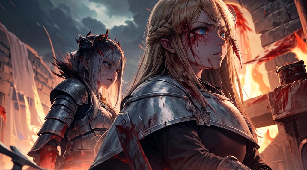 masterpiece,best quality,ultra detailed,1Female Knight,upper body shot,look at viewer,The fire sword,blonde hair,long hair,blue eye,straight hair,(ThunderStorm:1,5),darksouls,(fire:1.4),(Rainy:0.8),((blood dripping from mouth:1.1)),(((profuse bleeding:1.5))),ruins,zombie