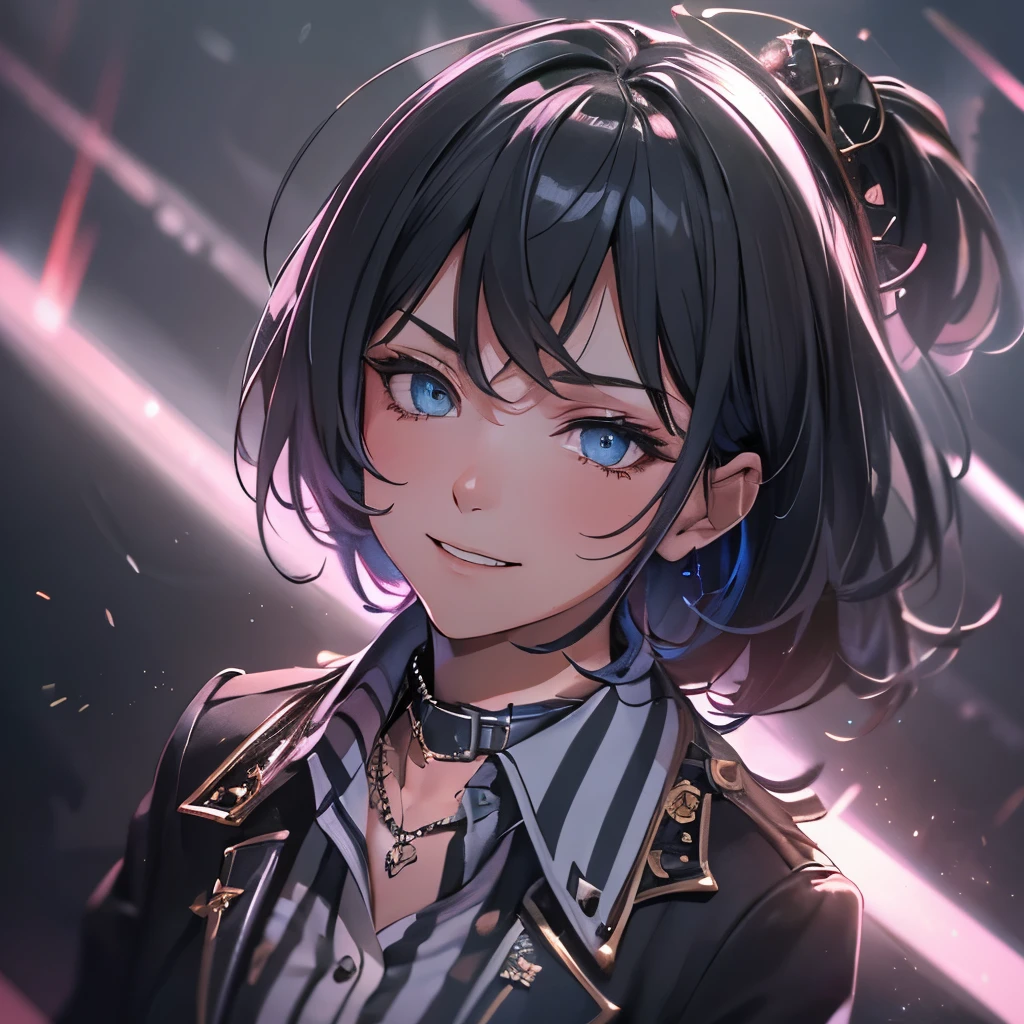 (masterpiece), 8k cg, stunningly beautiful girl, intricate details, chromatic aberration, ((bust shot)), ((looking at viewer)), 1girl, (HiodoshiAo, parted bangs, formal, striped jacket, collared shirt, necklace, belt, black pants), extremely beautiful and delicate portrait, goth, tomboy, smile, blush, makeup, absurdres, cinematic lighting, dynamic lighting, fantasy, ((dark background, fog))