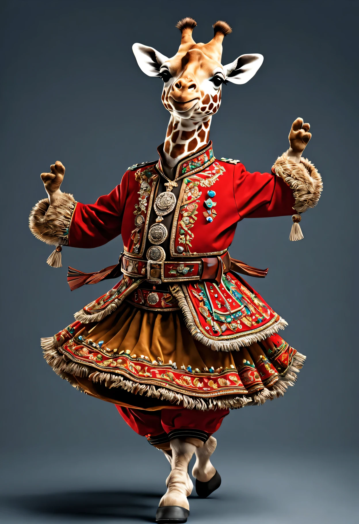 photorealistic portrait of Dressed animals - a fat giraffe cossack dancer,(cossack dancing dynamic action pose), high quality,(lovely) ,intricate details, highly detailed ((cossack dance costume)) ,highly detailed decorations,, (happy), studio lighting,(full body image:1.5)