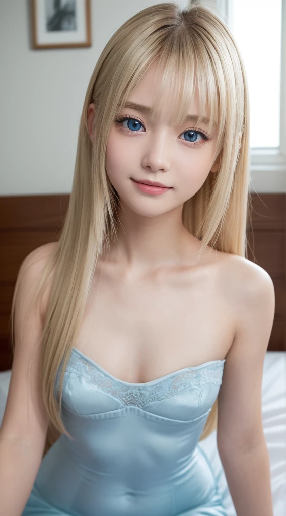 最hightquality、(((full body Esbian)))、(((Leotard)))、((Large chest))、(((lying on one's side on bed)))、(((Walking on all fours)))、Soft light、Hair color that changes depending on the light、(depth of fields)、超hight resolution、((Photorealsitic:1.4))、Raw photography、Ambient Occlusion、((sixteen years old))、((a small face))、ren、1girl in, (Shining platinum blonde hair:1)独奏, (Smirking expression:1.2), (bright light blue eyes,catchlight), Fine white skin, Tube Top、(excellent、masterpiece)、Harmonious facial features、masterpiece, ((The highest image quality)), hightquality, beautiful blonde girl, white high school girl, detaileds, detailedsな皮膚, super long silky hair、long back hair that clings to the body、bangs between the eyes、 ((A hyper-realistic)), (illustratio), (hight resolution), (8K), (非常にdetaileds), (最高のillustratio), (美しくdetailedsな目), (超detaileds), (wall-paper), (detaileds顔), looking at the viewers, finely detail、detailedsな顔、pureerosfaceace_v1、Looking straight ahead、photos realistic、Bright lighting、profetional lighting、 (((Petite, Little, Big, skinny))),Gloss Face、cheek highlights、Teak Gloss