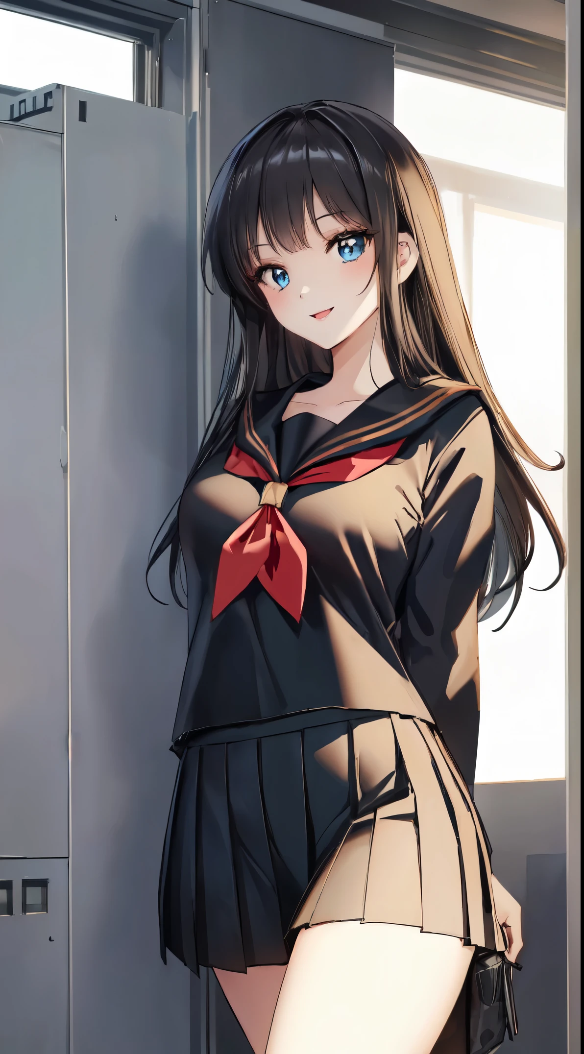 8k, (ultra-detailed:1.3, master piece:1.3, best quality:1.3, high resolution:1.3), 18year old, High school students, 1 person, a girl, beautiful face, large and beautiful breasts, Blue eyes, eyes in highlight, catch light eyes, specular highlight eyes, BREAK (long hair, black hair), (black sailor suit:1.3), (Black pleated skirt), Separated uniforms, BREAK (red neckerchief), BREAK collarbone, (shoot from front, whole body), Smile with teeth, school corridor, (standing, arms behind back)