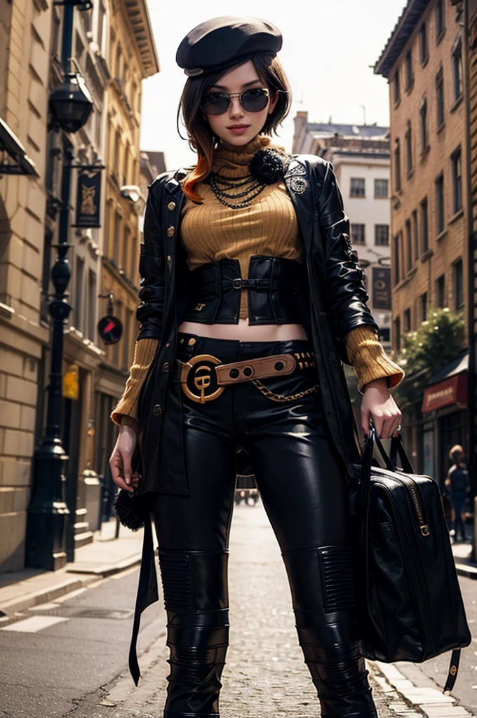 (masterpiece, best quality:1.2), cowboy shot, solo, 1girl, coco adel, grin, looking at viewer, hand on hip, beret, sunglasses, orange sweater, corset, black gloves, pants, jewelry, belt, bandolier
