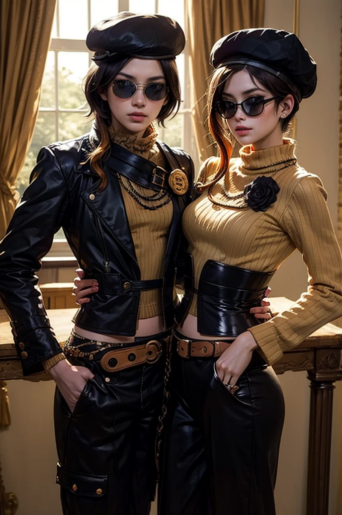 (masterpiece, best quality:1.2), cowboy shot, solo, 1girl, coco adel, grin, looking at viewer, hand on hip, beret, sunglasses, orange sweater, corset, black gloves, pants, jewelry, belt, bandolier