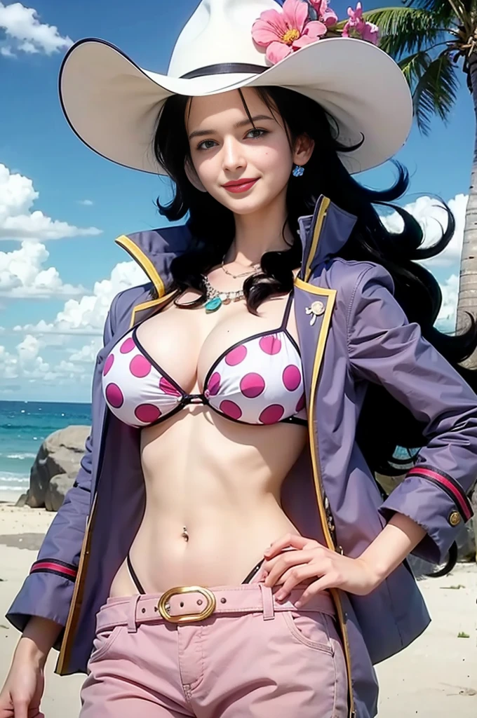 masterpiece, best quality, alvida_onepiece, 1girl, solo, long hair, black hair, green eyes, breasts, large breasts, smile, evil smile, white hat, hat flower, necklace, lipstick, purple jacket, open jacket, bikini top, polka dot bikini, belt, pink pants, outdoors, beach