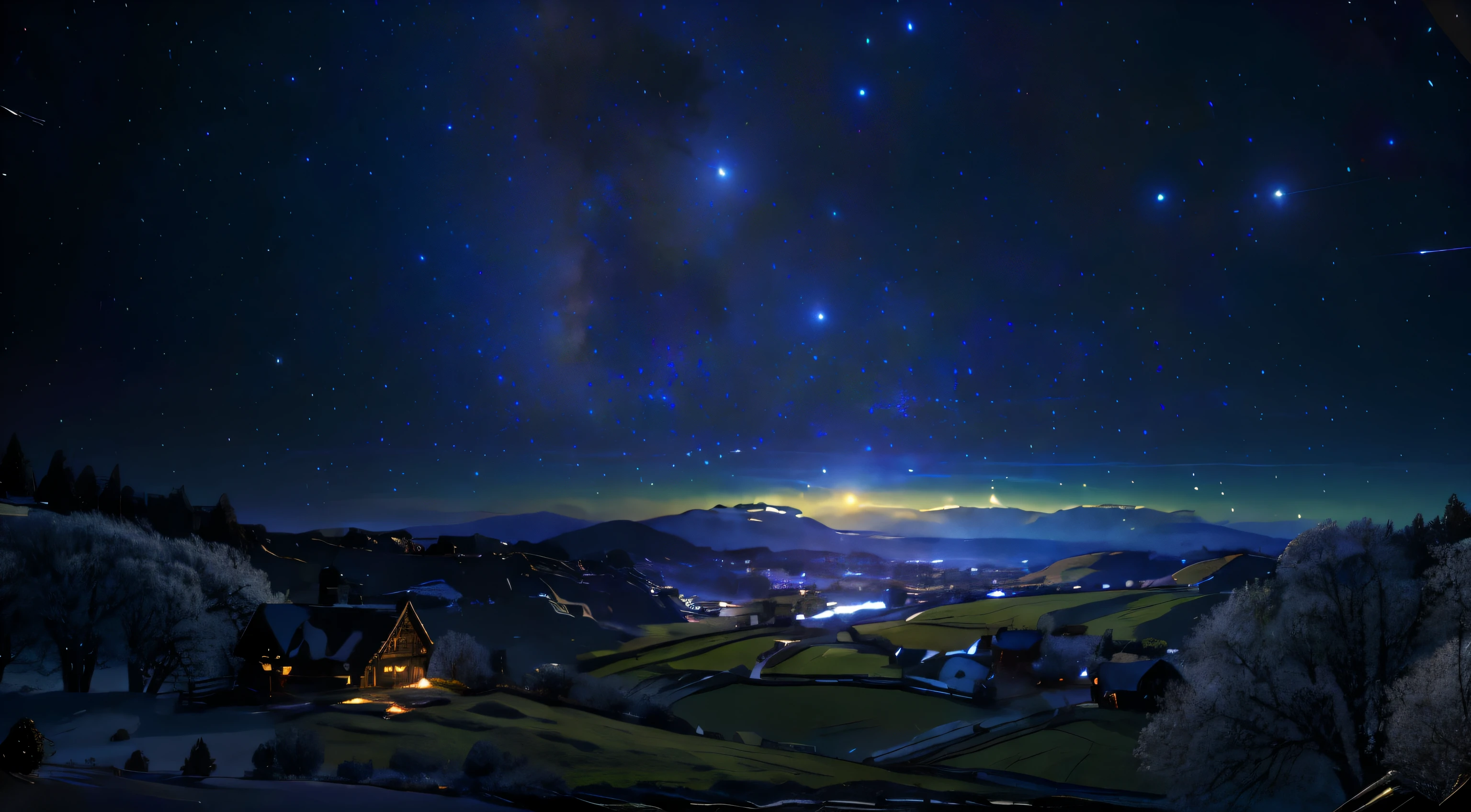 Ultra realistic digital painting of a girl sleeping in her bedroom, located in a quaint village home with windows showing the night sky, tranquil rural setting, rolling green hills in the distance, dark night outside but illuminated by moonlight and stars, inside her quiet bedroom lit by a single lamp, peaceful slumber, strewn books and belongings, cozy atmosphere, beautiful innocent sleeping face, painted sky filled with glittering stars, tranquil, idyllic rural scene, highly detailed textures, cinematic 16:9 aspect ratio digital work of art, by Greg Rutkowski, John Atkinson Grimshaw and Alphonse Mucha.