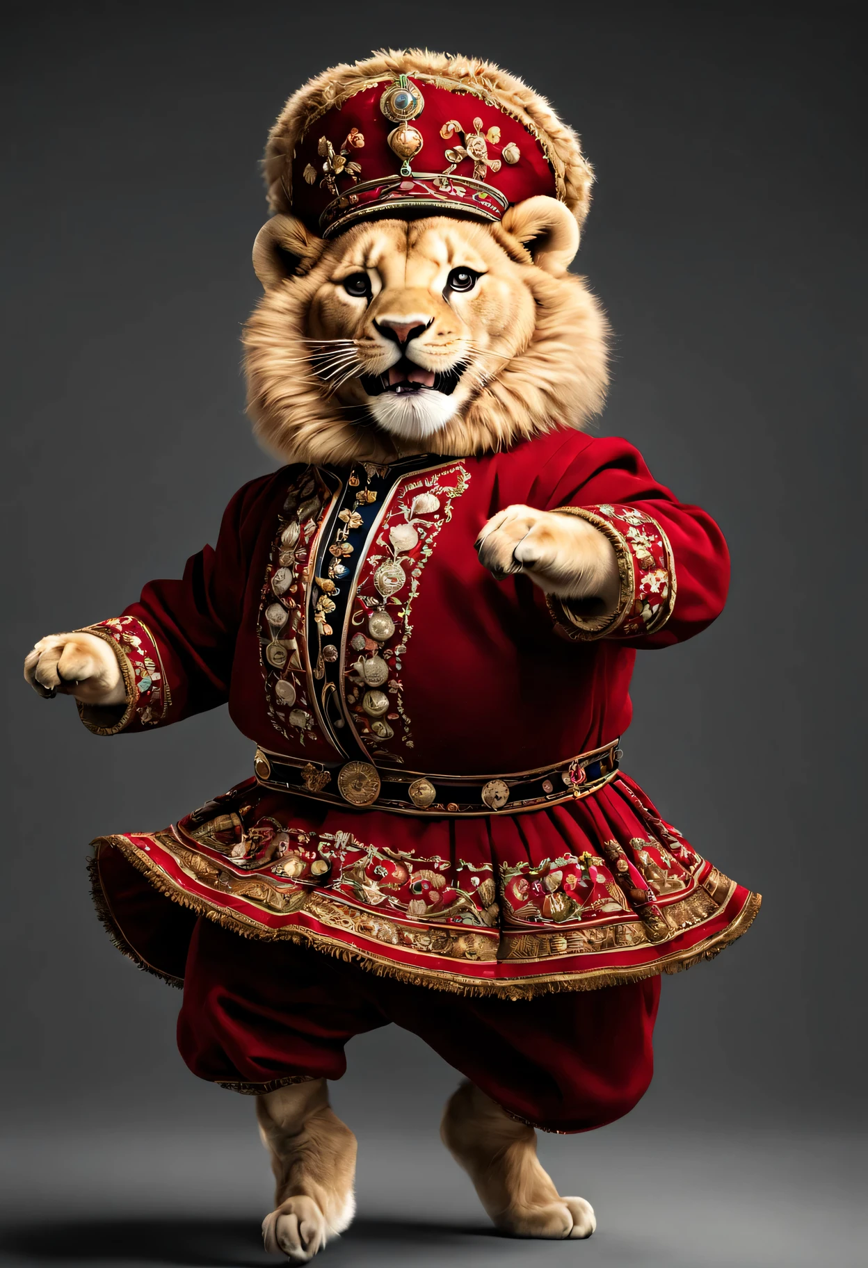 photorealistic portrait of Dressed animals - a fat lion cossack dancer,(cossack dancing dynamic action pose), high quality,(lovely) ,intricate details, highly detailed ((cossack dance costume)) ,highly detailed decorations,, (happy), studio lighting,(full body image:1.5)