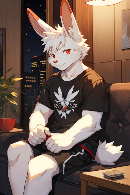 edgBunny,black T-shirt,indoor,night,sit,shorts, male, anthro, furry,by milkytiger1145，White fur，Red pick dye，red eyes，adolable