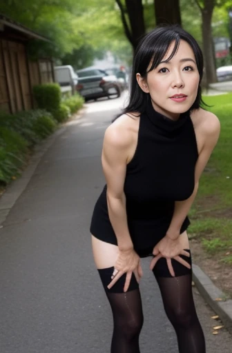 ((masterpiece, highest quality, Highest image quality, High resolution, photorealistic, Raw photo, 8K, female masturbation, wet, wet hair not smiling, small height)) ((naked)) (50 years old), Mature japanese woman, (Rides aux coins des yeux:1.2), moderate sized breast, MILF, charm, sexy, hot, Pale skin, cute face, Looks directly at camera, , Big nipples, standing up, leaning against a tree, open legs, hairy pussy, wet pussy, (houses around)