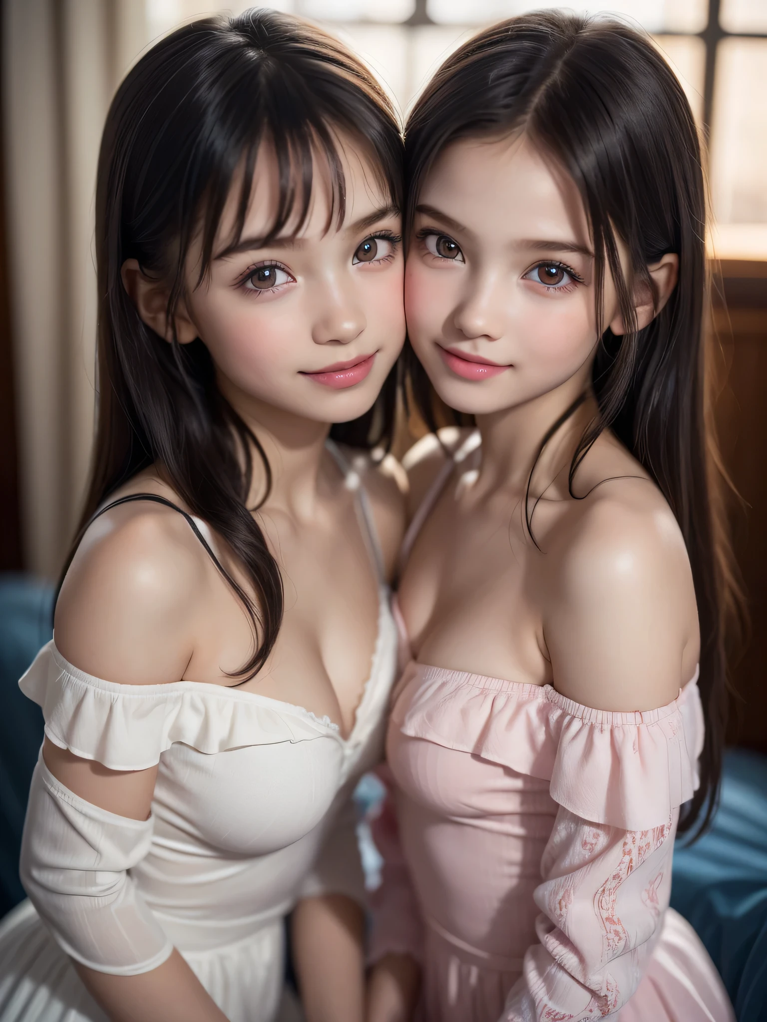 ((2  girls:1.3)), (Ultra Realistic, hight resolution), (Highly detailed eyes, Highly detailed hair, Highly detailed face, Highly detailed plump lips), (off shoulder with open breasts), breasts, Upper body, Search Smile, (Best Quality:1.4), Raw photo, (Realistic, photo-Realistic:1.37), Professional Photography, Cinematic Light, (Fine face: 1.2), (View from above),