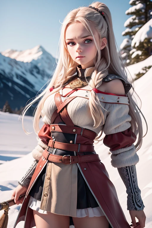[full length portrait] [18-23 Years Old nordic female fashion model] [dressed like a viking Warriors style] [Bored expression on face][Photo taken in a mountainous and snowy landscape] [type of illumination: natural lighting], extremely realistic, 8k, insane details, intricate details, beautifully color graded,Color Grading, Editorial Photography, Photography, Bokeh, taken with a 60mm lens, ISO 300, f/4, 1/200th