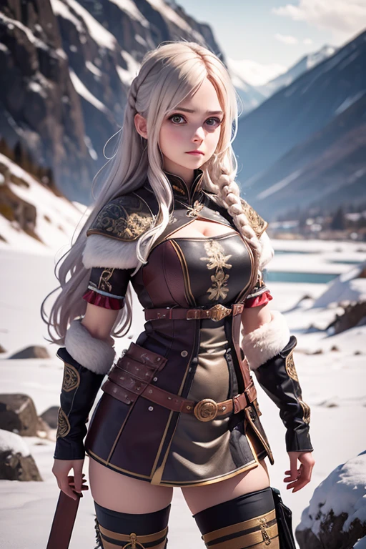 [full length portrait] [18-23 Years Old nordic female fashion model] [dressed like a viking Warriors style] [Bored expression on face][Photo taken in a mountainous and snowy landscape] [type of illumination: natural lighting], extremely realistic, 8k, insane details, intricate details, beautifully color graded,Color Grading, Editorial Photography, Photography, Bokeh, taken with a 60mm lens, ISO 300, f/4, 1/200th