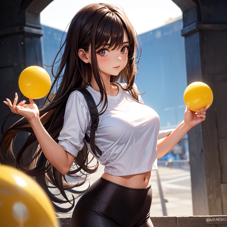 Chica joven, estudiante, leggins (apretado) translucid, parada de espalda, mostrando la cola, camisa blanca (translucid) blanco, senos de globos, trasero muy grande, ball glutes, dark brown hair, labios rojos carnosos