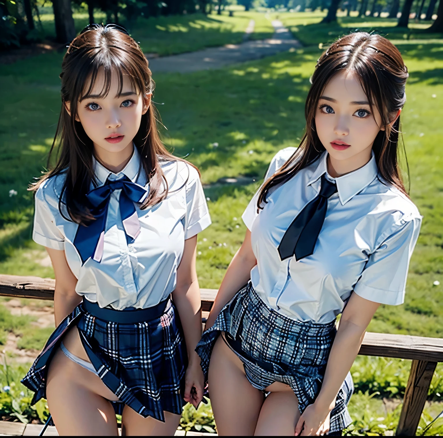 top-quality, 8K picture quality, masterpiece, A hyper-realistic, (Two girls side by side:1.2), (Super big breasts with tension), Whitening Skin, Sparkling blue eyes, A tight white shirt with a crimson ribbon tie, Super mini pleated tartan check skirt, (the skirt is incredibly short:1.2), (Stick out your butt and show off your beautiful butt:1.3), (above the knee while standing), Proud of her slim waist and white panties, Skirtliftv1