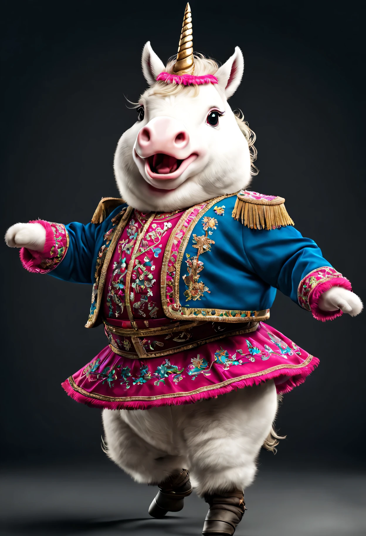 photorealistic portrait of Dressed animals - a fat unicorn cossack dancer,(cossack dancing dynamic action pose), high quality,(lovely) ,intricate details, highly detailed ((cossack dance costume)) ,highly detailed decorations,, (happy), studio lighting,(full body image:1.5)