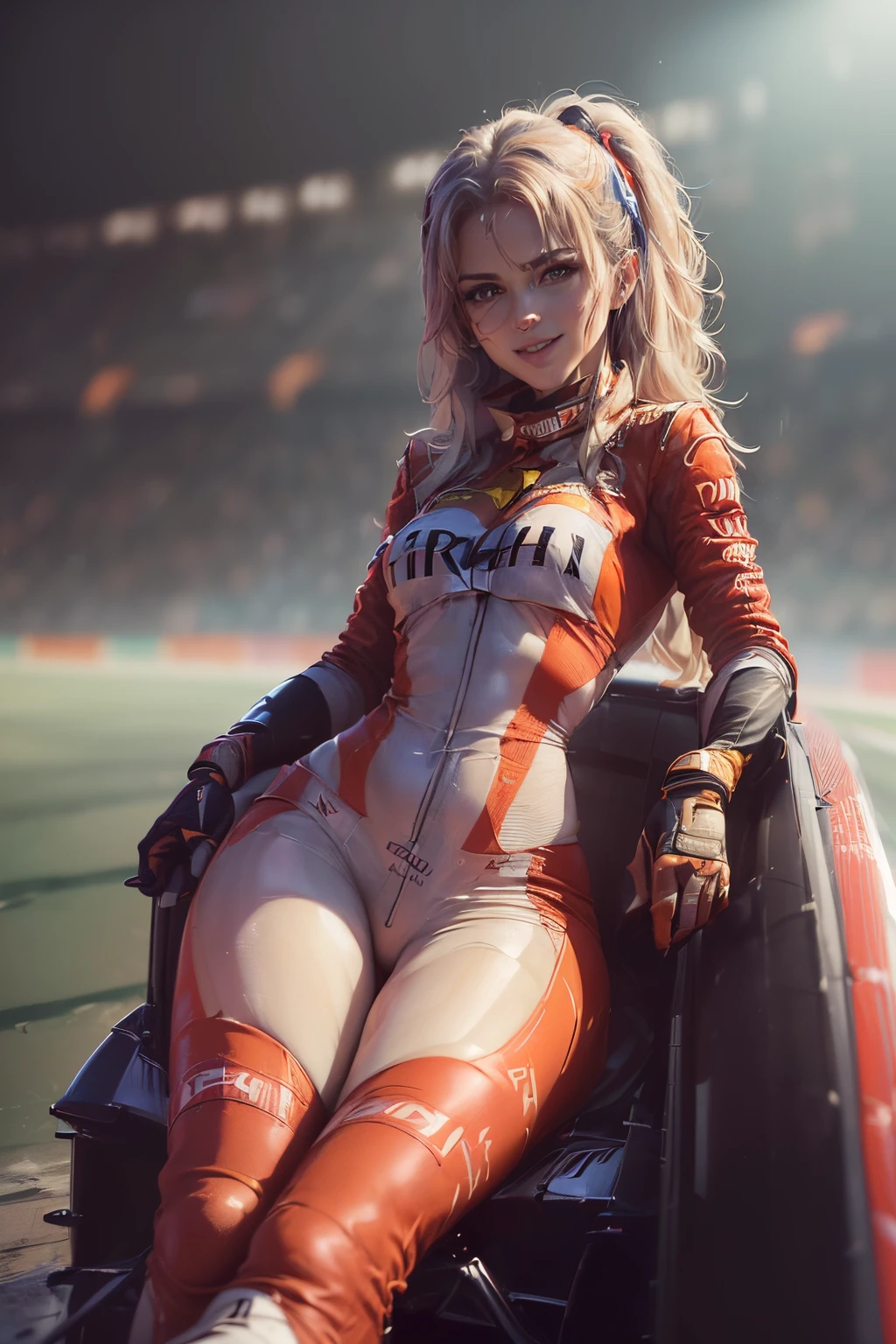 ((cuerpo completo):2) (({only one Women nude}:1.2):{((Dressed in red Formula 1 racer suit)1.2), ((Cabello largo y azul hasta los hombros, Brillantes ojos verdes) 1.3), ((Making an erotic pose in a Formula 1 car, Mirando al espectador, sonriente):1.3), ((senos extremadamente grandes):1.2)}, \n (({Hipodromia of Formula 1 racing, es de noche, lloviendo intensamente, Several people are in the stands}):1.3), anime, Anime style, 16k, ((La mejor calidad, Detalles altos):1.4), Obra maestra, UHD