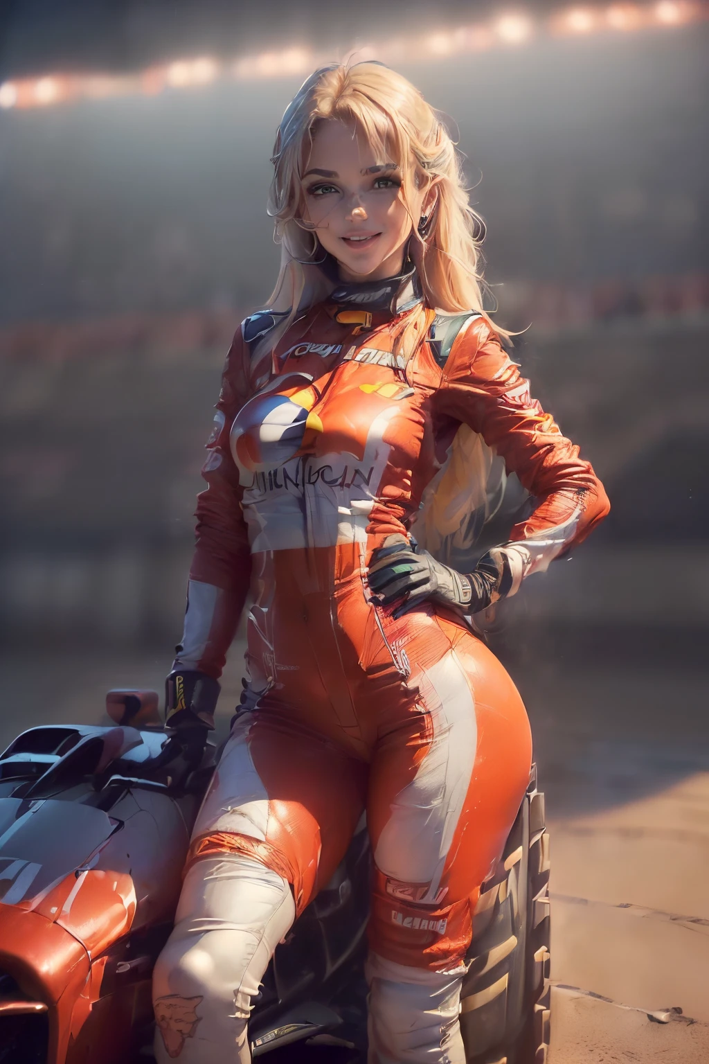 ((cuerpo completo):2) (({only one Women nude}:1.2):{((Dressed in red Formula 1 racer suit)1.2), ((Cabello largo y azul hasta los hombros, Brillantes ojos verdes) 1.3), ((Making an erotic pose in a Formula 1 car, Mirando al espectador, sonriente):1.3), ((senos extremadamente grandes):1.2)}, \n (({Hipodromia of Formula 1 racing, es de noche, lloviendo intensamente, Several people are in the stands}):1.3), anime, Anime style, 16k, ((La mejor calidad, Detalles altos):1.4), Obra maestra, UHD